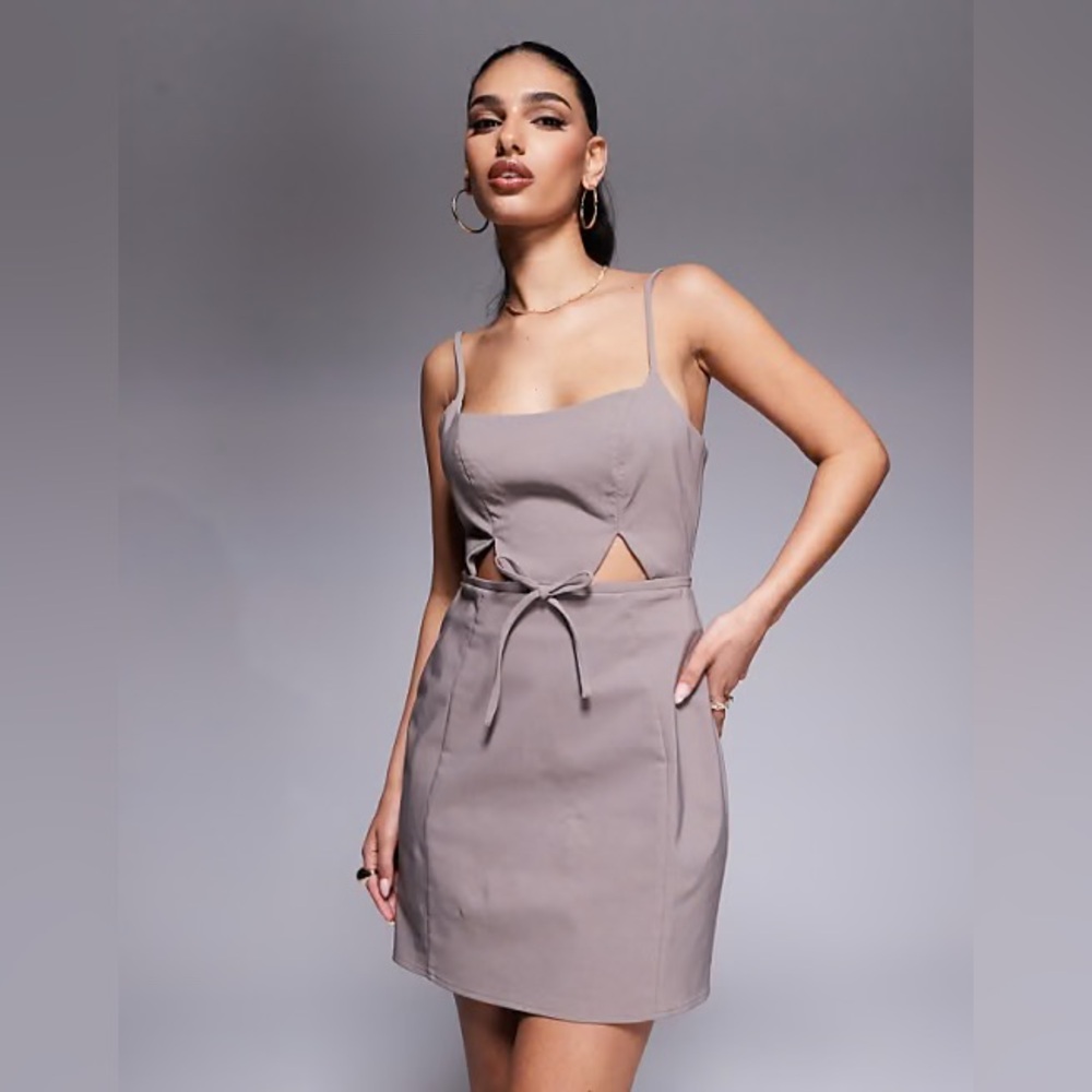 ASOS DESIGN structured cutout mini dress with bow in mocha Size 6 US